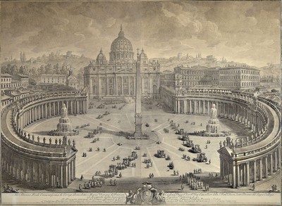 Guiseppe Vasi, 1710 - 1782, Il Prospetto principale del Tempio e Piazza di S Pietro in Vaticano, 1774, Kupferstich, zweiteilig, altersbedingt ...