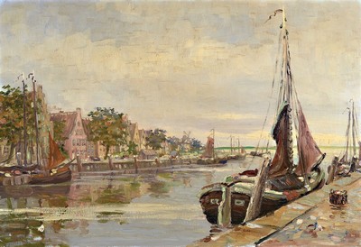 Andreas Dirks, 1865 Tinnum auf Sylt - 1922 Düsseldorf, Segelschiffe im Hafen, Öl/Lwd, signiert, 54 x 78 cm, Rahmen: 68 x 92 cm, mehrere kl. ...