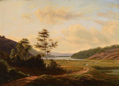 Frederik Christian Kiarskou, 1805 Kopenhagen - 1891, zugeschrieben, dänische Heidelandschaft mit Spaziergängern, Öl/Lwd, ca. 30 x 42 cm, Reste von ...