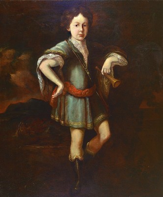Französischer Porträtist aus dem 17. Jh., wohl Porträt des jungen Herzog von Orleans, Philippe II in jungen Jahren, im Hintergrund ...