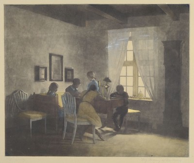 Peter Ilsted, 1861 - 1933, bekannter dänischer Maler und Grafiker, Radierung, bezeichnet Orig. Radernig of Peter Ilstedt, Kinder beim Schreiben am ...