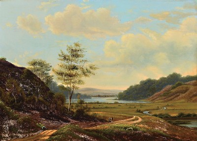 Zuschreibung Frederik Christian Kiaerskou, 1805 Kopenhagen - 1891, dänische Landschaft mit Spaziergänger, Öl/Holz, unsigniert, berieben bzw. ...