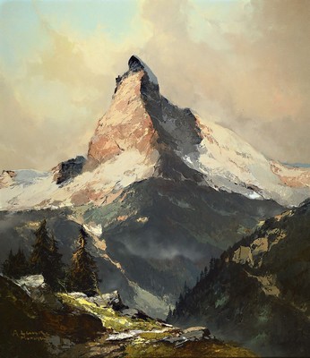 Arno Lemke, 1916 Falkenberg - 1981 München, Alpenlandschaft mit schneebedecktem Matterhorn, Öl/Lwd, signiert, 80 x 70 cm, Rahmen: ca. 97 x 86 cm, ...
