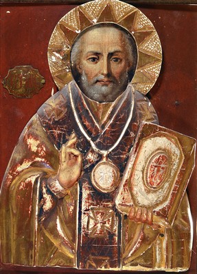 Ikone, Bulgarien oder Rumänien, um 1900, Hl. Nikolaus, Tempera auf Holz, Gewand gestuckt und aufgesetzt, Goldstaffage, ca. 39x28cm
