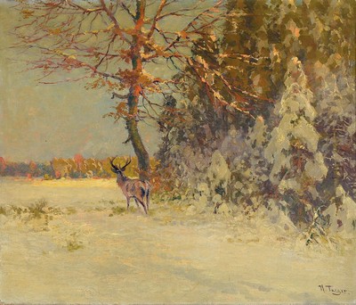 Karl Hans Taeger, 1856 Neustadt/Sachsen - 1937 Lagebrück, Maler und Lehrer an der Kunstakademie Dresden, verschneite Winterlandschaft mit Hirsch, ...