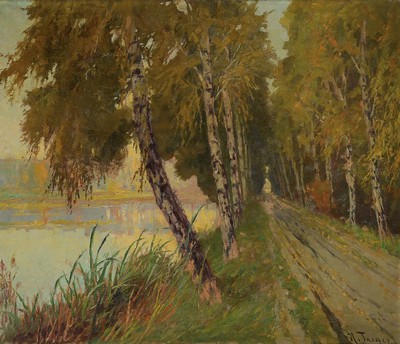 Karl Hans Taeger, 1856 Neustadt/Sachsen - 1937 Lagebrück, sommerliche Seelandschaft mit Allee, schöne Lichtführung, z.T. fast pastellhafte ...