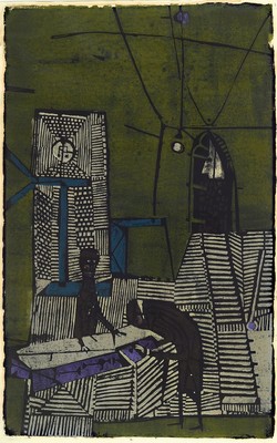 Horst Janssen,1929-1995, "Beim Juwelier". Farbholzschnitt, 17/50, handsigniert, ca. 80 x 80 cm, unter Glas, Rahmen: 100 x 70 cm