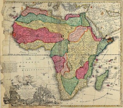 Zwei Kupferstichkarten mit Ansichten von Afrika, 17. und 18. Jh., 1. Johann Babtista Homann, beschnitten und Kolorierung z.T. später, ca. 48 x 54 ...