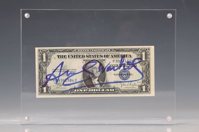 Andy Warhol, 1928-1987, "Dollar", zwischen plexiglas, dieser mit Magnet befestigt, sign., ca. 6,5x15,5 cm, gesamt ca. 15x20 cm, mit ...