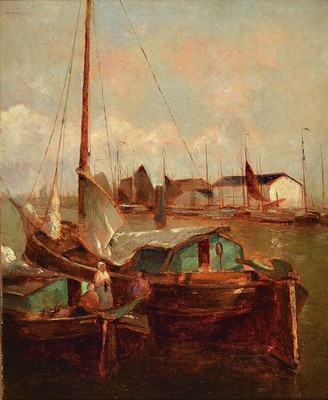 German Grobe, 1857 - 1938, Hafenansicht mit Personen, Öl/Lwd, li. unten signiert, 60 x 50 cm, Prunkrahmen ca. 80 x 70 cm