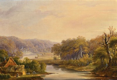 Spätromantiker, datiert 1859, Flußlandschaft in der Dämmerung, Öl/Lwd, re. unten unleserlich signiert, krakeliert, ca. 25 x 36 cm, Rahmen: 37.5 x ...
