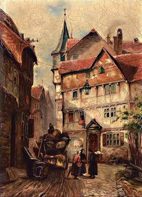 Ida Hahn, dat. 97, Stadtansicht mit Personen, Öl/Mahagoni, signiert und dat., ca. 35.5 x 25.5 cm, krakeliert, breiter Holzrahmen, ca. 57 x 47 cm