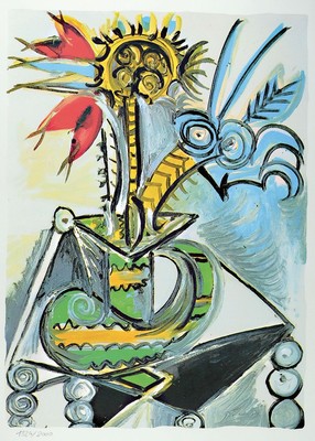 Pablo Picasso, 1881-1973, Bouquet Nr. 39, Kunstdruck auf Bütten nach einem Gemälde, handnum. 1326/2000, unter Glas gerahmt, gesamt ca. 85x67 cm