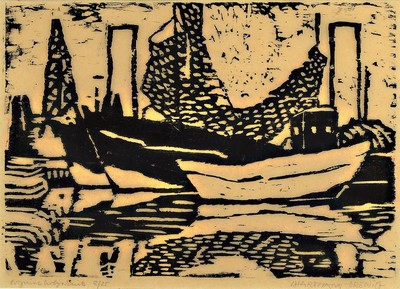 Hermann Hartmann-Drewitz, 1879 Berlin - 1966 Euten, original Holzschnitt, Hafenansicht, handsigniert, num. 8/25, ca. 24 x 33 cm, unter Glas, Rahmen