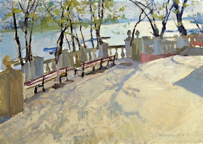 Grigory Kravchenko, geb. 1930, dat. 1964, Promenade am Fluss, Öl/Karton, re.u. signiert und dat., Rahmen, ca.80x58 cm