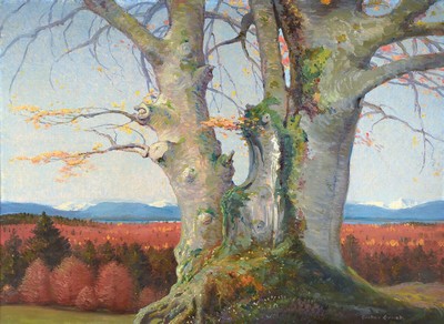 Gustav Ernst, 1858 Elsterberg -1945 Bad Dürkheim, Knorriger Baum vor Alpenpanorama, in Anspielung auf Carl David Friedrich, Zentralkomposition des ...