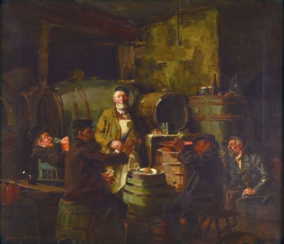 Gustav Ernst, 1858 Elsterberg-1945 Bad Dürkheim, Weinprobe im Keller, reiche Beschreibung von fünf Genießern in verschiedener stiltypischer Pose ...