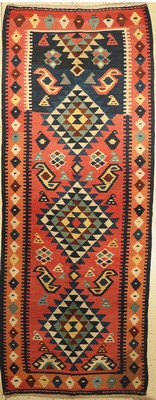 Nordwestpersische Kelim alt, Persien, um 1920/1930, Wolle auf Wolle, ca. 342 x 134 cm, EHZ: 2-3