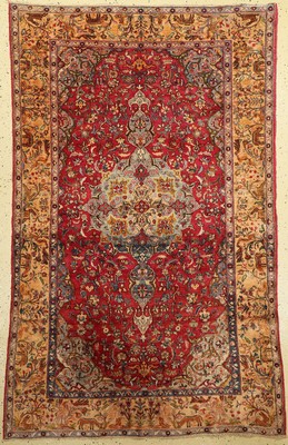 Feiner Seiden Teheran antik, Persien, um 1900, reine Naturseide, ca, 200 x 130 cm, EHZ:3 eine Ecke von Fransenseite leicht beschädigtselten und ...