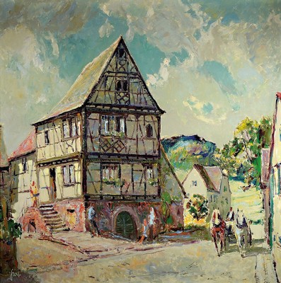 Karl Graf, 1902-1986 Speyer, Dorfstraße in Birkweiler/Pfalz, Öl/Hartfaser, links unten signiert, ca. 100x100cm, R. ca. 106x106cm
