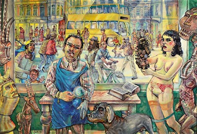 Helmut Goettl, geb. 1943, Afrika in Berlin (2. Fassung) 1997, Öl/ Malkarton, links unten signiert, ca. 76x110cm, R. ca. 86x 121cm