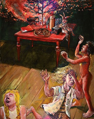 Helmut Goettl, geb. 1943, Brennender Tannenbaum, Öl/Hartfaser, 1959, signiert, ca. 125x100cm, R. ca. 133x108cm