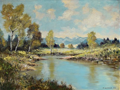 Heiner Deege, 1920-2007 Haßloch, Landschaft im Dachauer Moos, im Hintergrund Alpenpanorama, Öl/Malkarton, rechts unten signiert und dat. 57, ca. ...