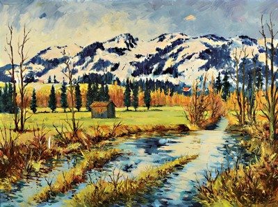 Heiner Deege, 1920-2007 Haßloch, Im Tal der Iller bei Oberstdorf, rückseitig so betitelt, Öl/Lwd, kleiner Lwd-Schaden links, rechts unten ...