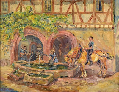 Marie Strieffler, 1917-1987 Landau, Der Brunnen in Leinsweiler, Öl/Lwd, links unten signiert und dat. 1950, ca. 60x75cm, R. ca. 74x80cm