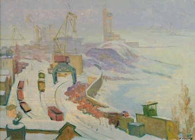 Andrej Scheluto (Anreevich Shelyuto), 1906 - 1984, Odessa-Hafen im Winter, Öl/Lwd, re. unten bezeichnet, rückseitig auf Leinwand bezeichnet und ...