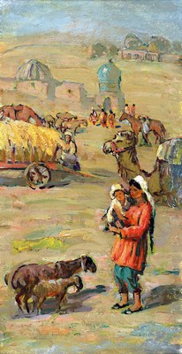 P. Suchkov, russischer Künstler, wohl 80er Jahre, Tiermarkt, Öl/Karton, rückseitig auf Etikett bezeichnet, ca. 16 x 30 cm, Rahmen 43 x 27 cm