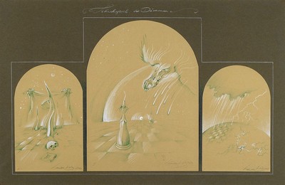 Werner Holz, 1948 Grünstadt-1991 Ludwigshafen, namhafter Vertreter des Phantastischen Realismus, Schachspiel der Dämonen, Triptychon aus drei ...