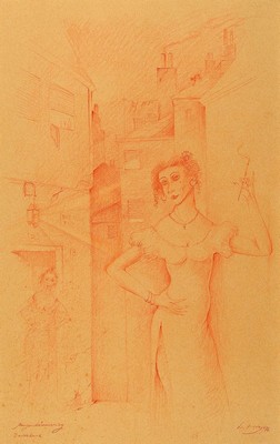 Werner Holz, 1948 Grünstadt-1991 Ludwigshafen, namhafter Vertreter des Phantastischen Realismus, Morgendämmerung-Baudelaire, Rötelzeichnung auf ...