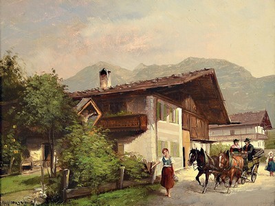 Max Kugelmayer, 1863- ca. 1930, 2 Pendants: Alpenlandschaften mit Begegnungen von Personen vor den Häusern, Öl/Lwd, links unten signiert, je ca. ...