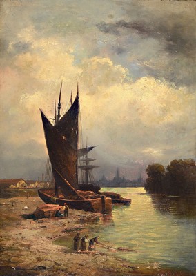 Carl Lafite, 1830-1900, Fischerboot vor der Küste, Öl/Lwd, rechts unten signiert, ca. 51x37cm, R. ca. 70x55cm