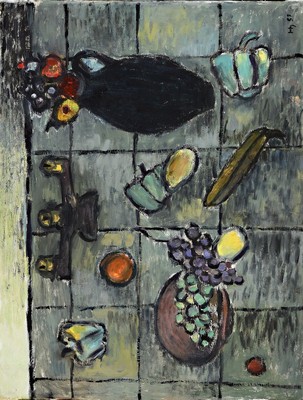 Monogrammist HH, datiert (19)57, Stillleben auf dem Tisch, Öl/Lwd, rechts unten signiert und dat., rückseitig ebenfalls bemalt, ca. 65x86cm