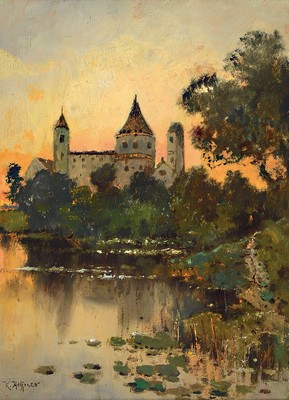Karl Heffner, 1849 Würzburg - 1925, großer Anhänger von Richard Wagner, Ansicht von Dinkelsbühl in der Dämmerung, Öl/Malkarton, gekonnte ...
