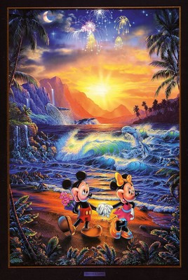 Christian Riese Lassen, zeitgenössischer us-amerikanischer Künstler, Mickey und Minnie am tropischen Strand bei Sonnenuntergang, Farbsiebdruck, ...