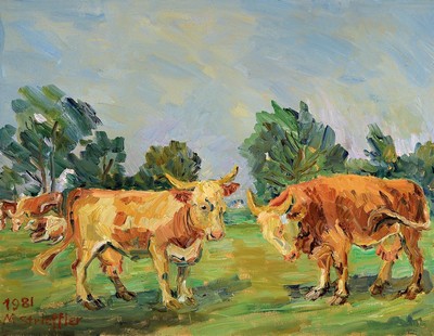 Marie Strieffler, 1917-1987 Landau, Kühe auf der Weide, Öl/Lwd, links unten signiert und dat. 81, ca. 60x76cm, R. ca. 70x87cm