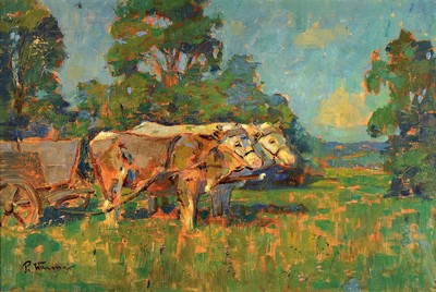 Paul Wirsing, 1870 Waltershausen-1943 Neu-Isenburg, Zwei Ochsen vor einem Karren in sommerlicher Landschaft, Öl/Lwd, links unten signiert, ca. ...