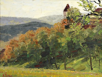 Karl Dussault, 1840 Karlsruhe-1930, Studium an der Akademie Karlsruhe, hier: Sommerliche Landschaft mit Burg, Öl/Malkarton, links unten ...