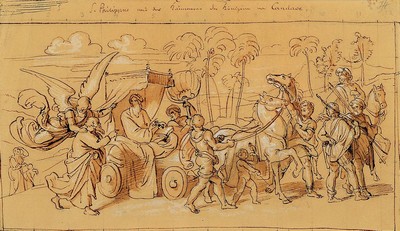 Zuschreibung: Julius Hübner, 1806 Oels-1882 Loschwitz, S. Philippus und der Kämmerer der Königin von Candace, Tuschfederzeichnung z.T. laviert, ...