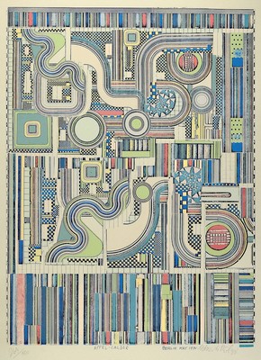 Eduardo Paolozzi, 1924-2005, "Appel Calder" Lithografie, sign., num. 264/500, unter Glas, links unten Glas kaputt, gesamt ca. 100x70 cm