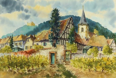 Heiner Deege, 1920-2007 Haßloch, Blick auf Hambach und das Hambacher Schloss, Aquarell auf Papier, rechts unten signiert, ca. 43x63cm, PP, u.Gl., R. ...
