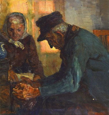 Werner Zehme, 1859 Hagen-1947 Berlin, Bauernpaar in der Küche, Öl/Lwd, links unten signiert, ca. 78x72cm, R. ca. 98x92cm, rückseitig ...