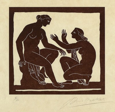 Arno Breker, 1900 - 1991, zwei Grafiken, Farbholzschnitt: Dialog der Mädchen, handsigniert und num. 5/80, ca. 15 x 16.5 cm Abb., unter Glas, Rahmen, ...