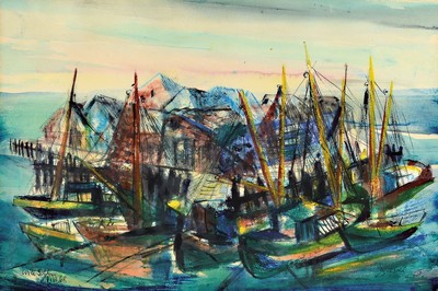 Will Sohl, 1906 Ludwigshafen - 1969 Heidelberg, Hafenszene, Aquarell, re. u. und li. u. signiert, z.T. bezeichnet und datiert leichte Alters- und ...