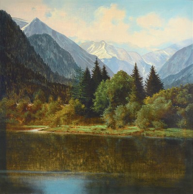 Ungedeuteter Maler signiert Stephan o.ä., Münchener Schule, um 1900, Seelandschaft mit Blick auf die Alpen, Öl/Lwd, re. unten unleserlich ...