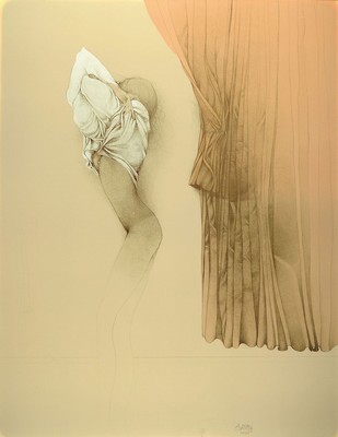 Bruno Bruni, geb. 1935 Gradara, Lithografie, stehende Akt die sich entkleidet,sign., num. 119/150, unter Glas gerahmt, gesamt ca. 99x77 cm