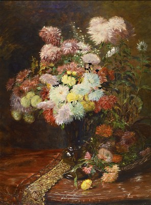 Mathilde Kopp, geb. 1836 in Erlangen, Üppiges Blumenstillleben mit Blumen in Vase und Korb, Öl/Lwd, seitlich links signiert, ca. 90x70cm, R. ca. ...